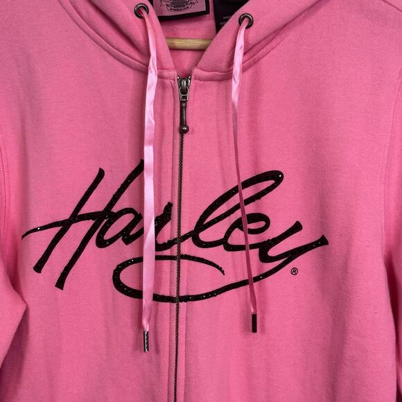 Harley Davidson Women's Large Bling Pink Label Zip Up Hoodie Sweatshirt - Picture 2 of 6
